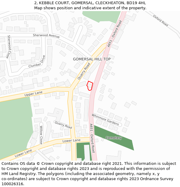 2, KEBBLE COURT, GOMERSAL, CLECKHEATON, BD19 4HL: Location map and indicative extent of plot