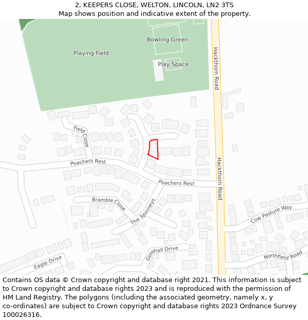 2, KEEPERS CLOSE, WELTON, LINCOLN, LN2 3TS: Location map and indicative extent of plot