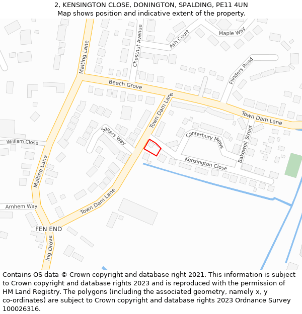 2, KENSINGTON CLOSE, DONINGTON, SPALDING, PE11 4UN: Location map and indicative extent of plot