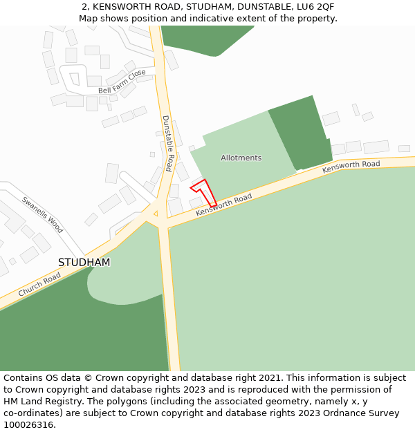 2, KENSWORTH ROAD, STUDHAM, DUNSTABLE, LU6 2QF: Location map and indicative extent of plot