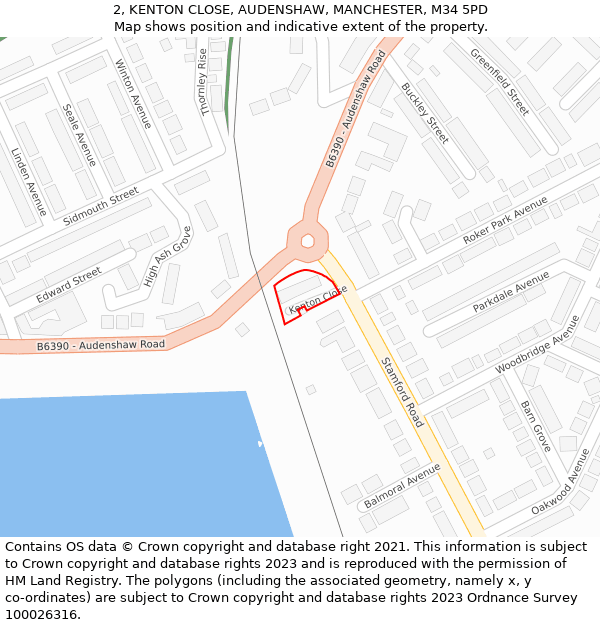 2, KENTON CLOSE, AUDENSHAW, MANCHESTER, M34 5PD: Location map and indicative extent of plot