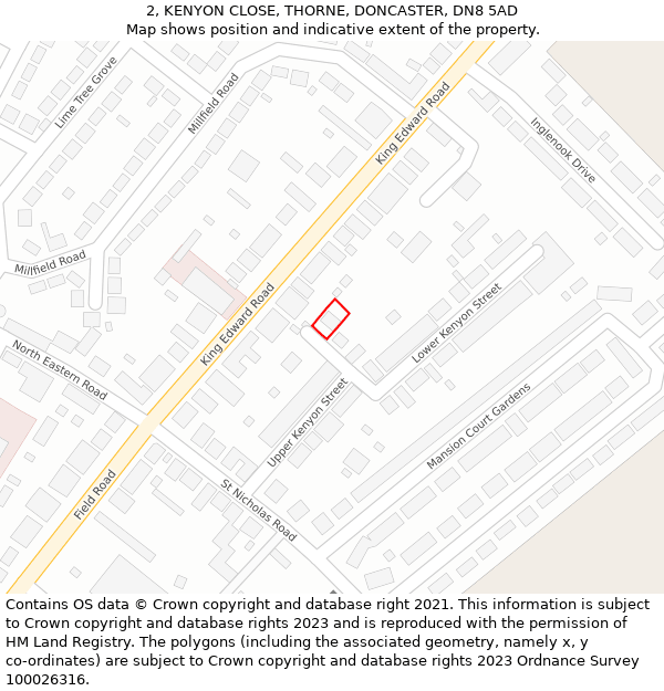 2, KENYON CLOSE, THORNE, DONCASTER, DN8 5AD: Location map and indicative extent of plot