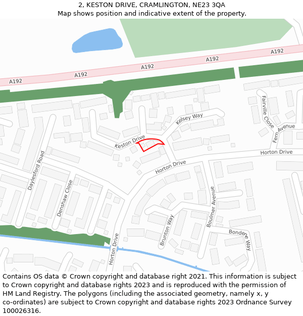 2, KESTON DRIVE, CRAMLINGTON, NE23 3QA: Location map and indicative extent of plot