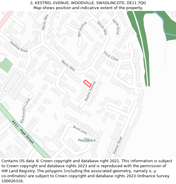 2, KESTREL AVENUE, WOODVILLE, SWADLINCOTE, DE11 7QG: Location map and indicative extent of plot
