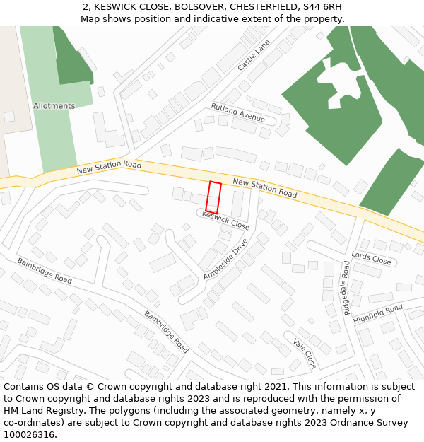 2, KESWICK CLOSE, BOLSOVER, CHESTERFIELD, S44 6RH: Location map and indicative extent of plot