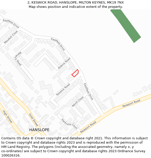 2, KESWICK ROAD, HANSLOPE, MILTON KEYNES, MK19 7NX: Location map and indicative extent of plot