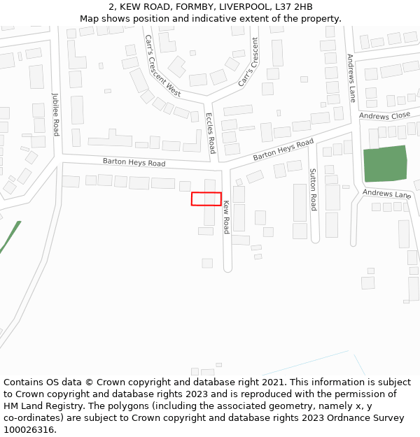 2, KEW ROAD, FORMBY, LIVERPOOL, L37 2HB: Location map and indicative extent of plot