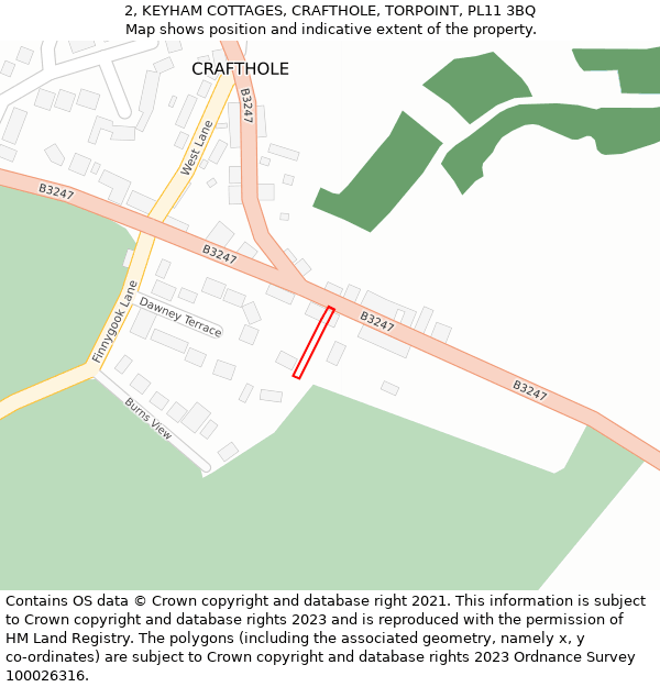 2, KEYHAM COTTAGES, CRAFTHOLE, TORPOINT, PL11 3BQ: Location map and indicative extent of plot