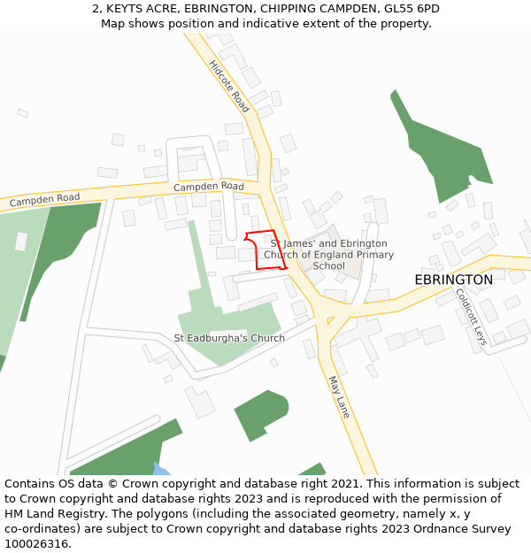 2, KEYTS ACRE, EBRINGTON, CHIPPING CAMPDEN, GL55 6PD: Location map and indicative extent of plot