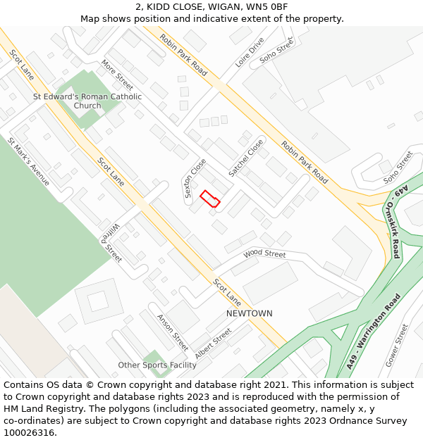 2, KIDD CLOSE, WIGAN, WN5 0BF: Location map and indicative extent of plot