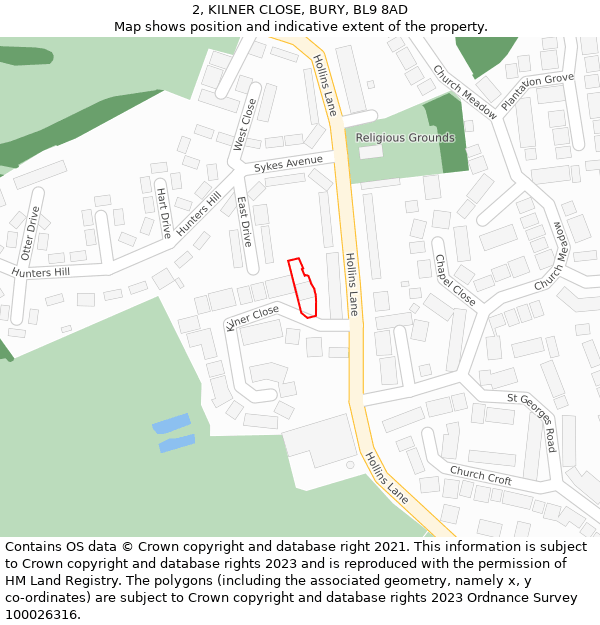 2, KILNER CLOSE, BURY, BL9 8AD: Location map and indicative extent of plot