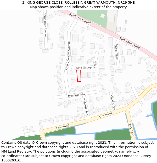 2, KING GEORGE CLOSE, ROLLESBY, GREAT YARMOUTH, NR29 5HB: Location map and indicative extent of plot