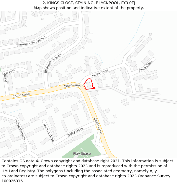 2, KINGS CLOSE, STAINING, BLACKPOOL, FY3 0EJ: Location map and indicative extent of plot
