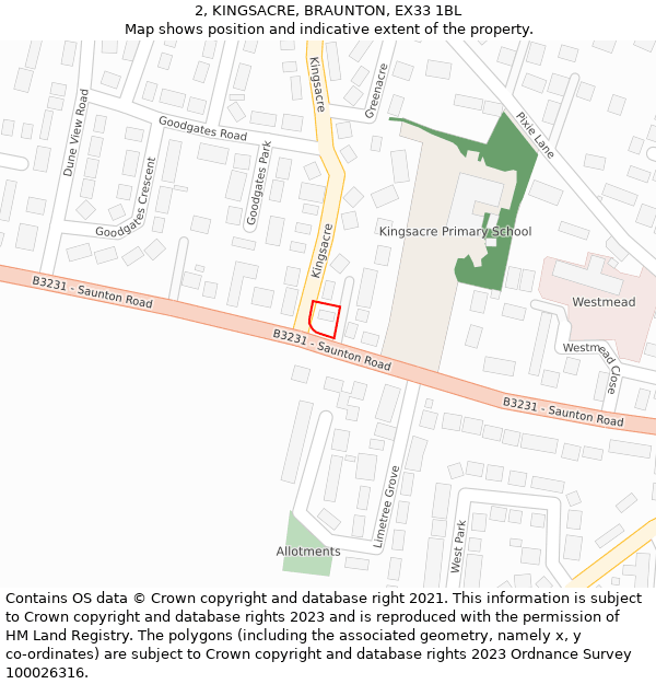 2, KINGSACRE, BRAUNTON, EX33 1BL: Location map and indicative extent of plot