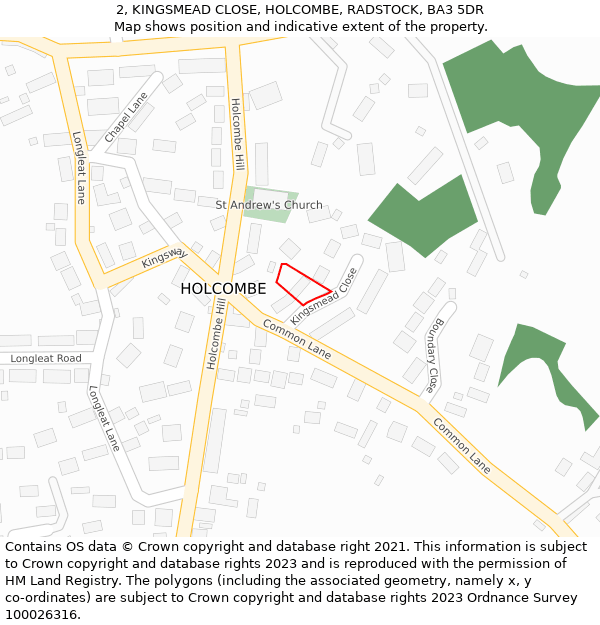 2, KINGSMEAD CLOSE, HOLCOMBE, RADSTOCK, BA3 5DR: Location map and indicative extent of plot