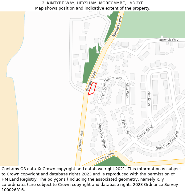 2, KINTYRE WAY, HEYSHAM, MORECAMBE, LA3 2YF: Location map and indicative extent of plot