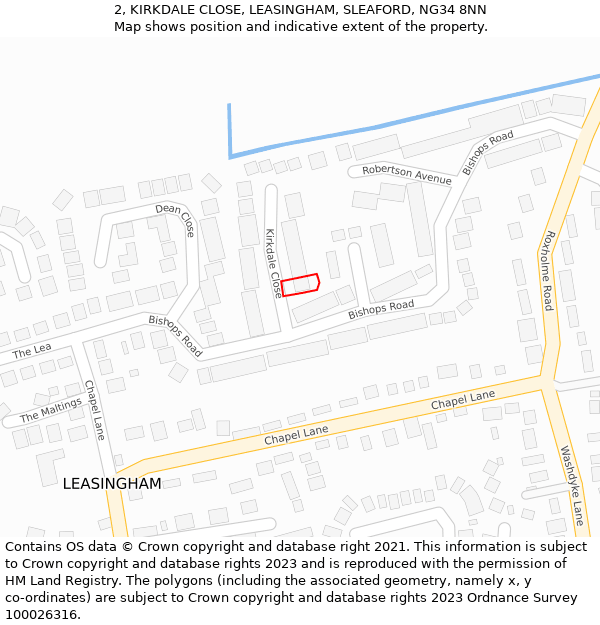 2, KIRKDALE CLOSE, LEASINGHAM, SLEAFORD, NG34 8NN: Location map and indicative extent of plot