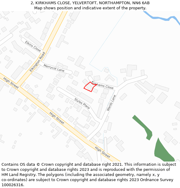 2, KIRKHAMS CLOSE, YELVERTOFT, NORTHAMPTON, NN6 6AB: Location map and indicative extent of plot