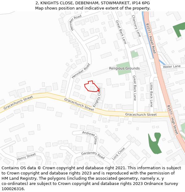 2, KNIGHTS CLOSE, DEBENHAM, STOWMARKET, IP14 6PG: Location map and indicative extent of plot