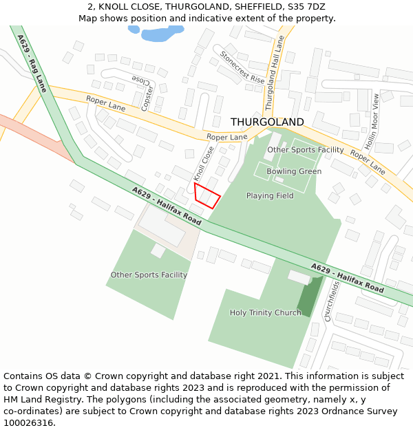 2, KNOLL CLOSE, THURGOLAND, SHEFFIELD, S35 7DZ: Location map and indicative extent of plot