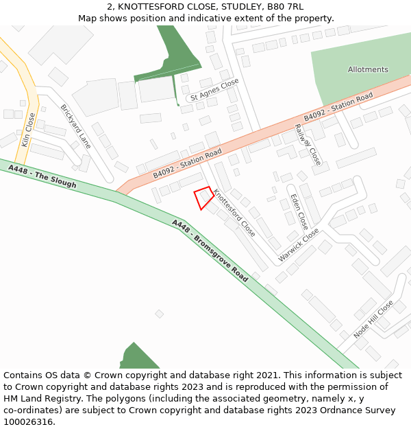 2, KNOTTESFORD CLOSE, STUDLEY, B80 7RL: Location map and indicative extent of plot