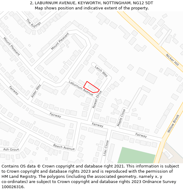 2, LABURNUM AVENUE, KEYWORTH, NOTTINGHAM, NG12 5DT: Location map and indicative extent of plot