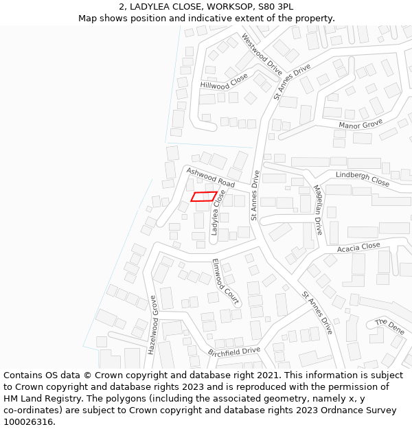 2, LADYLEA CLOSE, WORKSOP, S80 3PL: Location map and indicative extent of plot