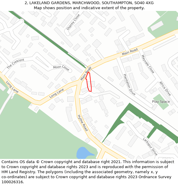 2, LAKELAND GARDENS, MARCHWOOD, SOUTHAMPTON, SO40 4XG: Location map and indicative extent of plot