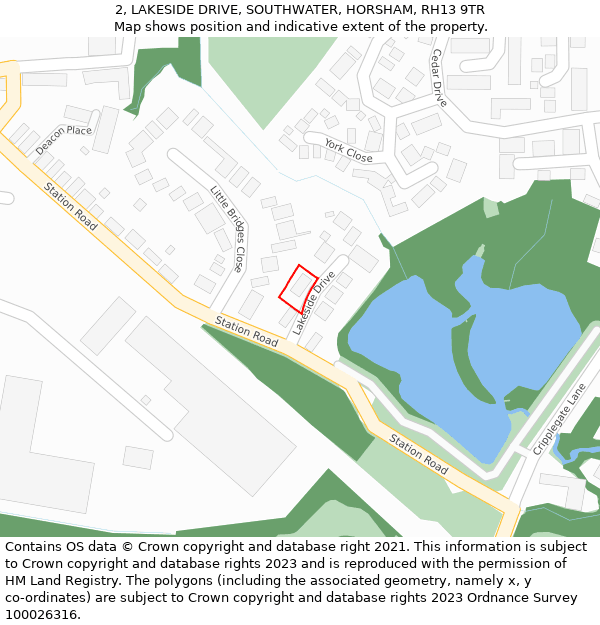 2, LAKESIDE DRIVE, SOUTHWATER, HORSHAM, RH13 9TR: Location map and indicative extent of plot