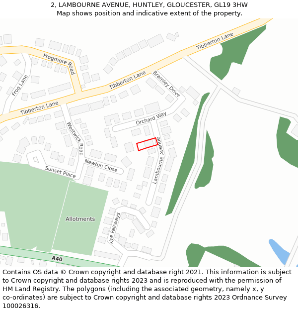 2, LAMBOURNE AVENUE, HUNTLEY, GLOUCESTER, GL19 3HW: Location map and indicative extent of plot