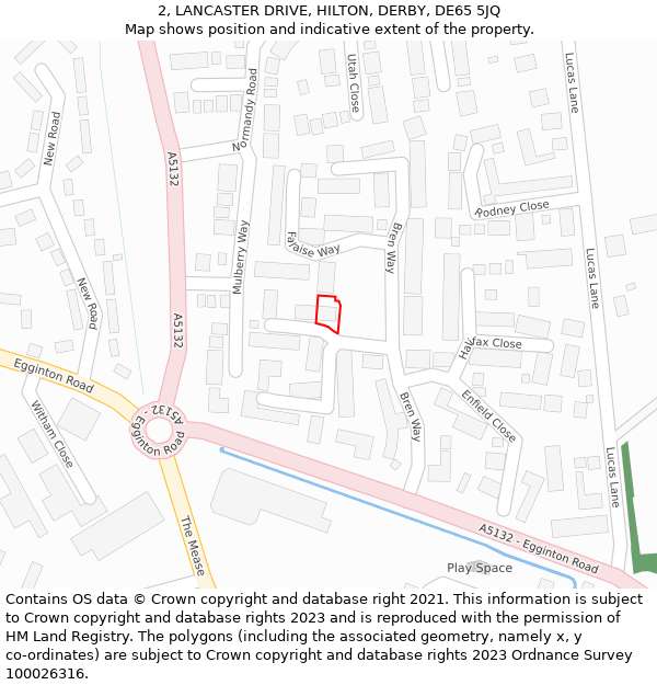 2, LANCASTER DRIVE, HILTON, DERBY, DE65 5JQ: Location map and indicative extent of plot