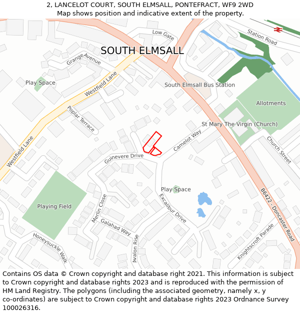 2, LANCELOT COURT, SOUTH ELMSALL, PONTEFRACT, WF9 2WD: Location map and indicative extent of plot