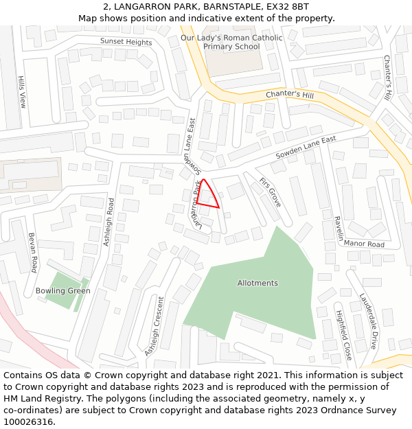 2, LANGARRON PARK, BARNSTAPLE, EX32 8BT: Location map and indicative extent of plot