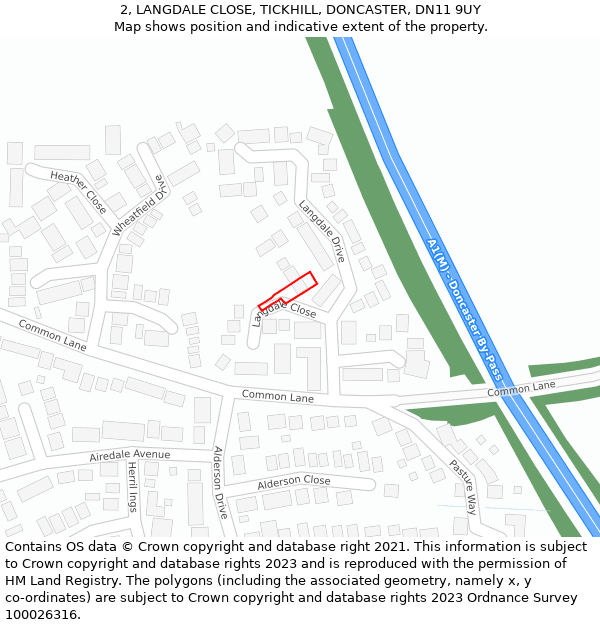 2, LANGDALE CLOSE, TICKHILL, DONCASTER, DN11 9UY: Location map and indicative extent of plot