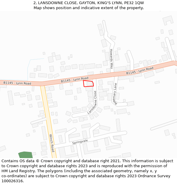 2, LANSDOWNE CLOSE, GAYTON, KING'S LYNN, PE32 1QW: Location map and indicative extent of plot