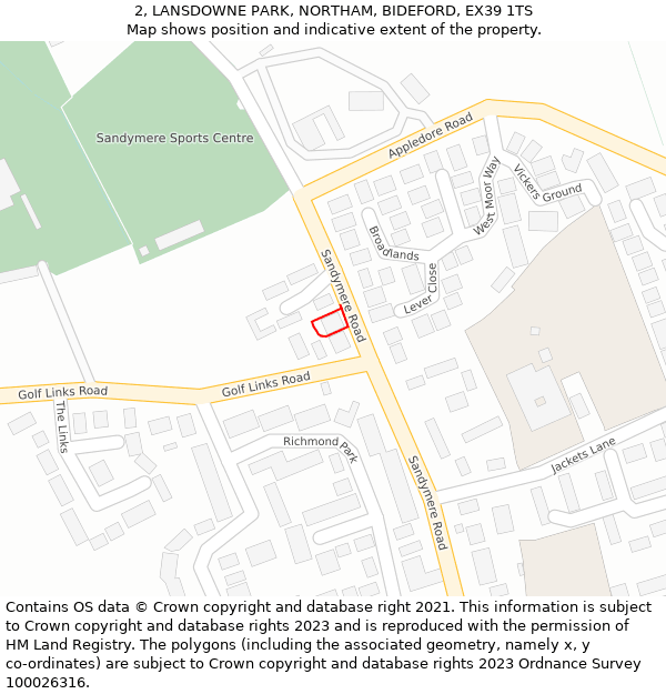 2, LANSDOWNE PARK, NORTHAM, BIDEFORD, EX39 1TS: Location map and indicative extent of plot
