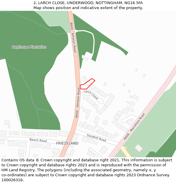 2, LARCH CLOSE, UNDERWOOD, NOTTINGHAM, NG16 5FA: Location map and indicative extent of plot