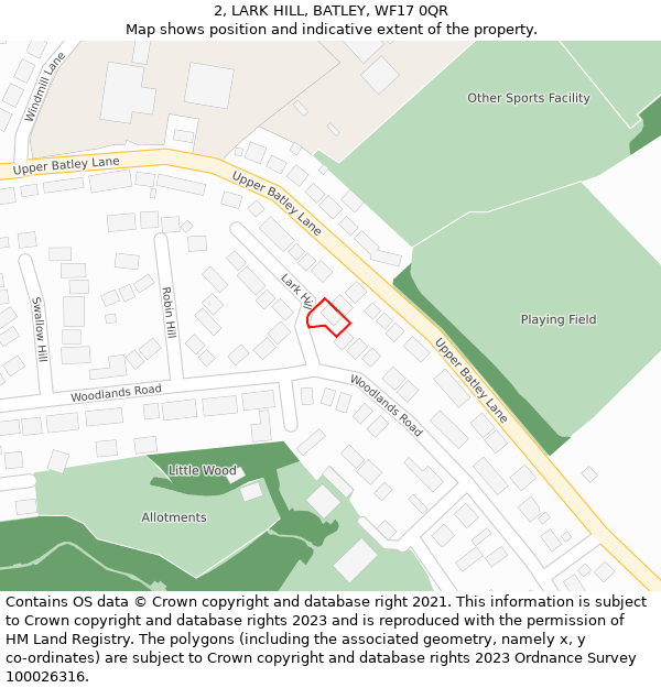 2, LARK HILL, BATLEY, WF17 0QR: Location map and indicative extent of plot