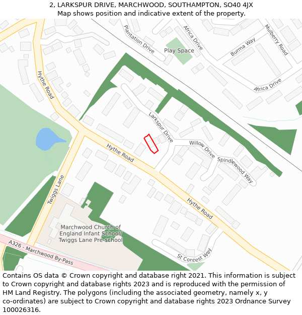 2, LARKSPUR DRIVE, MARCHWOOD, SOUTHAMPTON, SO40 4JX: Location map and indicative extent of plot