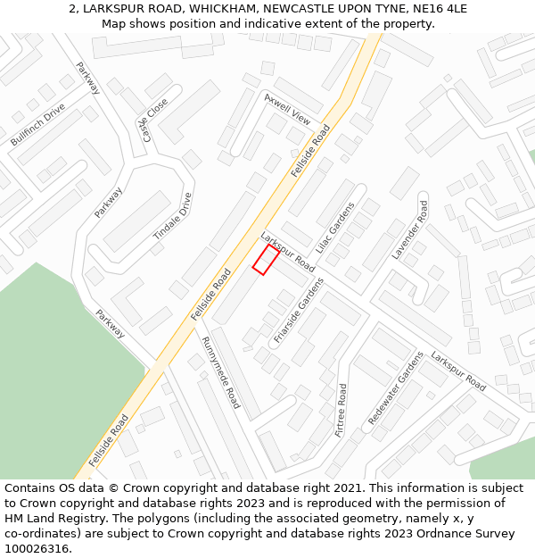 2, LARKSPUR ROAD, WHICKHAM, NEWCASTLE UPON TYNE, NE16 4LE: Location map and indicative extent of plot