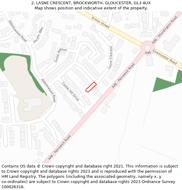 2, LASNE CRESCENT, BROCKWORTH, GLOUCESTER, GL3 4UX: Location map and indicative extent of plot