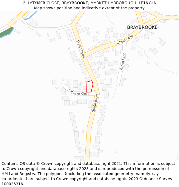 2, LATYMER CLOSE, BRAYBROOKE, MARKET HARBOROUGH, LE16 8LN: Location map and indicative extent of plot