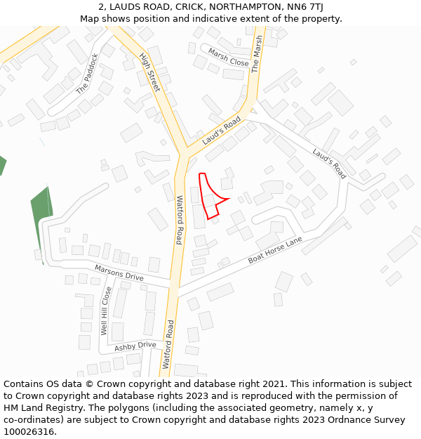 2, LAUDS ROAD, CRICK, NORTHAMPTON, NN6 7TJ: Location map and indicative extent of plot