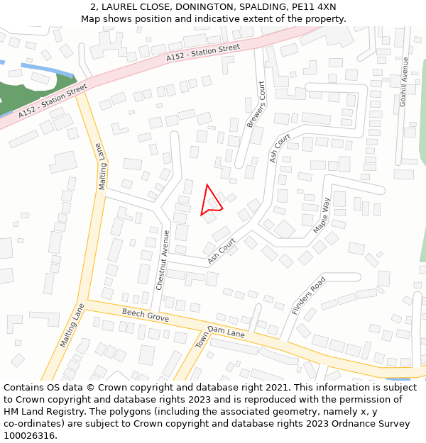 2, LAUREL CLOSE, DONINGTON, SPALDING, PE11 4XN: Location map and indicative extent of plot