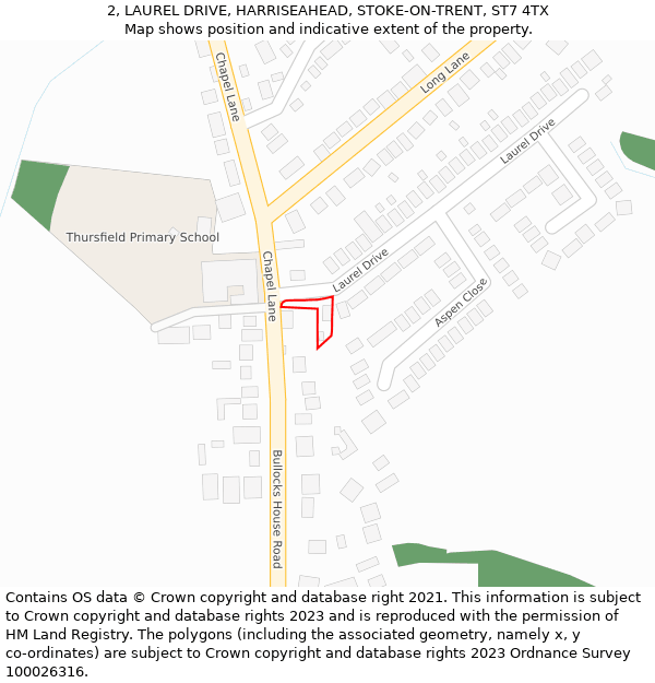 2, LAUREL DRIVE, HARRISEAHEAD, STOKE-ON-TRENT, ST7 4TX: Location map and indicative extent of plot
