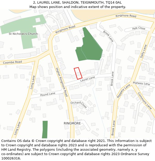 2, LAUREL LANE, SHALDON, TEIGNMOUTH, TQ14 0AL: Location map and indicative extent of plot