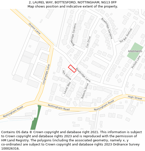 2, LAUREL WAY, BOTTESFORD, NOTTINGHAM, NG13 0FP: Location map and indicative extent of plot