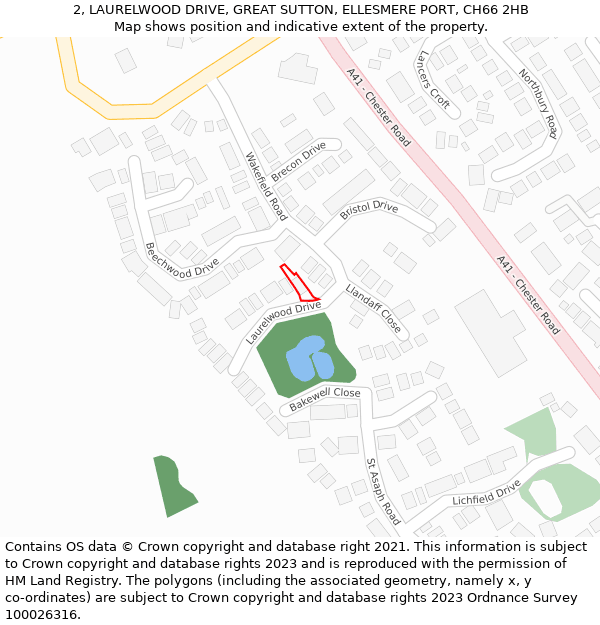 2, LAURELWOOD DRIVE, GREAT SUTTON, ELLESMERE PORT, CH66 2HB: Location map and indicative extent of plot