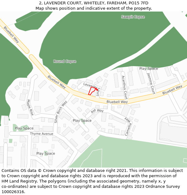 2, LAVENDER COURT, WHITELEY, FAREHAM, PO15 7FD: Location map and indicative extent of plot