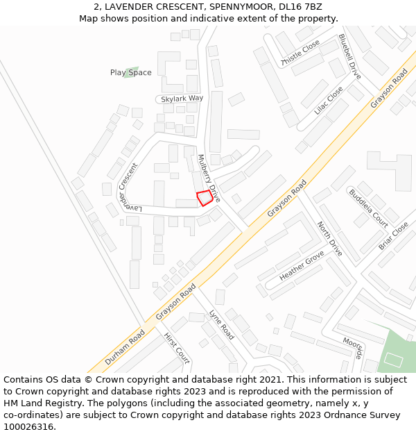 2, LAVENDER CRESCENT, SPENNYMOOR, DL16 7BZ: Location map and indicative extent of plot